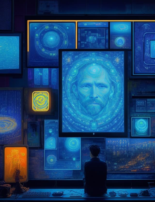 AI generated: a Image computer screen with various AI symbols, A mesmerizing painting the artistic styles of Van G...