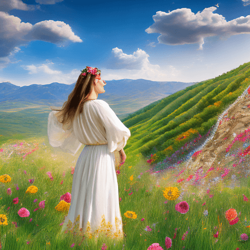 AI generated: A stunning Serbian woman with very long flowing wavy hair adorned with  flowers and two tiny braids,...