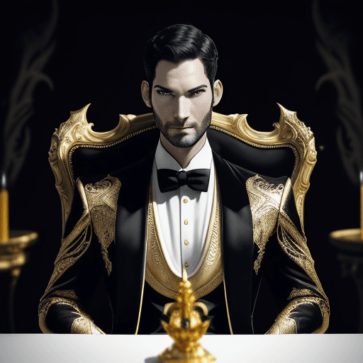 AI generated: Tom Ellis as Lucifer in bright room, powerful gold and white throne, black suit, evil flaming eyes, ...