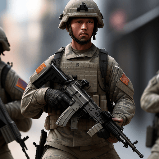 AI generated: Close up of a platoon of armed US soldiers walking on a raid street in defense position, detailed im...