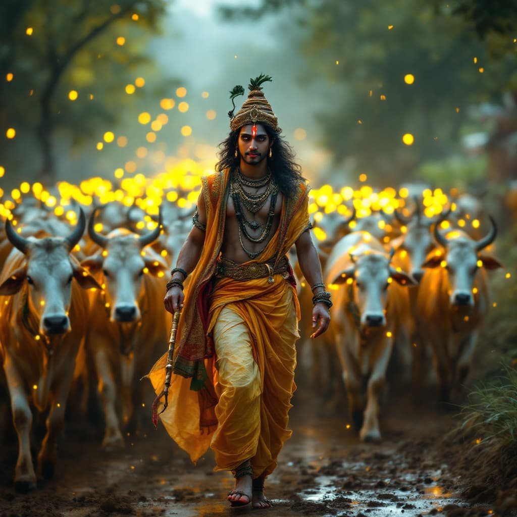AI generated: Lord Shri Krishna Walking with a herd of glowing cows, in a cinematic scene, on a mud road, playing ...
