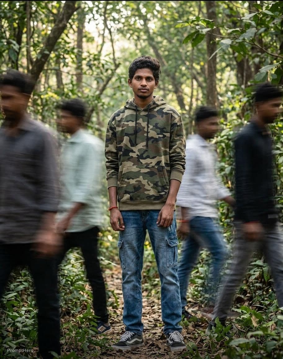 AI generated: photography, snap shot, male model, front pose, full-body, surrounded by a blurred motion, wearing c...