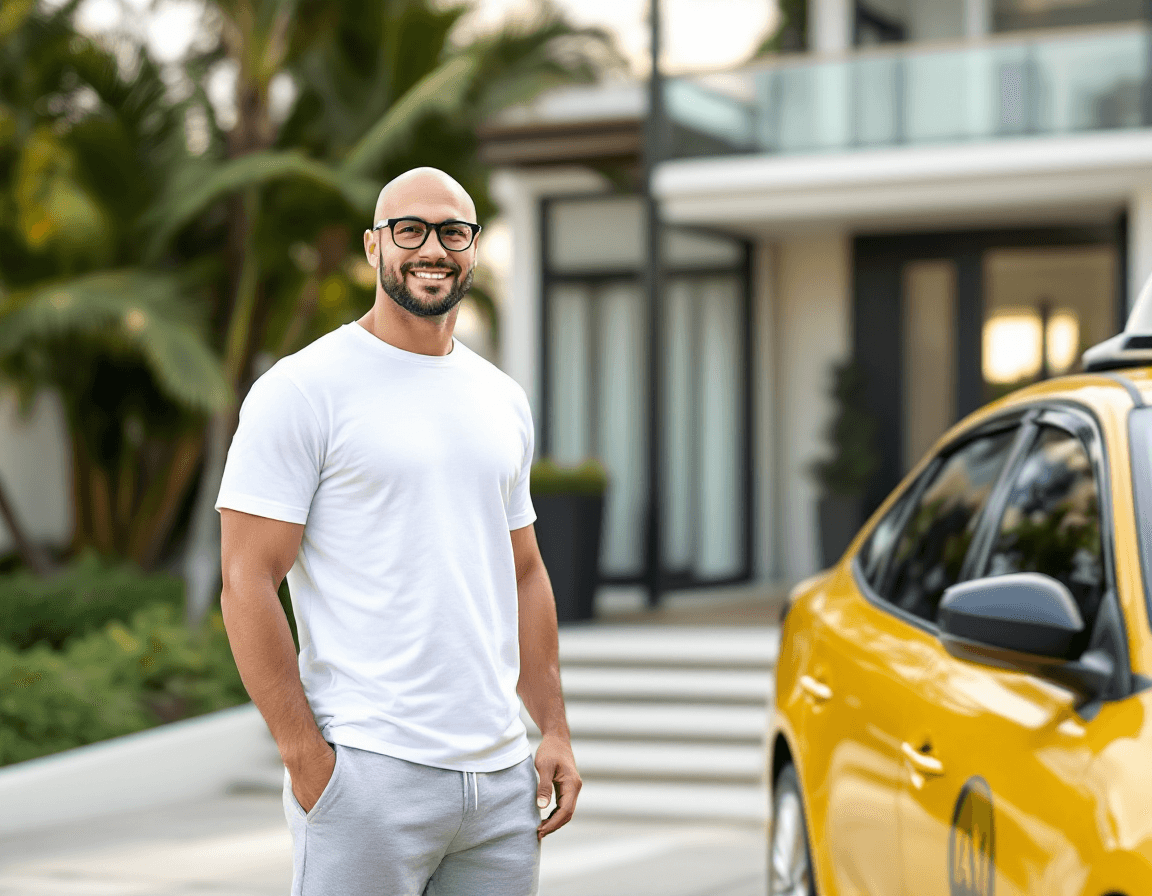 AI generated: Hyper-Realistic photo of a yellow taxi parked at the driveway of a luxurious beach house. In the bac...