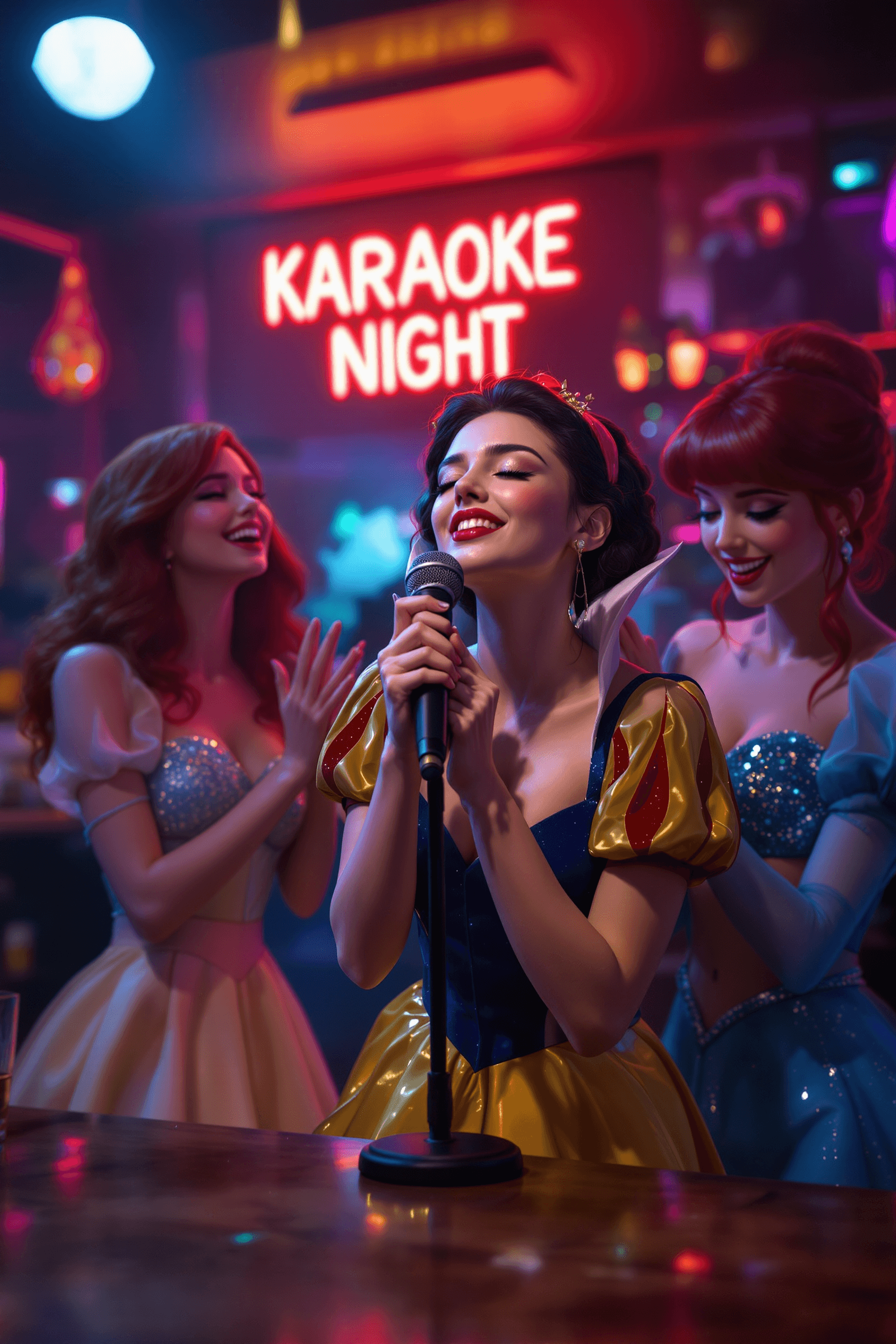 AI generated: A hyper-realistic, cinematic photo of three real-life fairytale princesses at a modern karaoke bar. ...