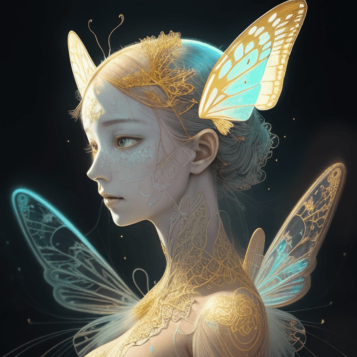 AI generated: RAW photo, (Portrait of a ghostly butterfly, glowing aura, highly detailed, golden filigree, intrica...