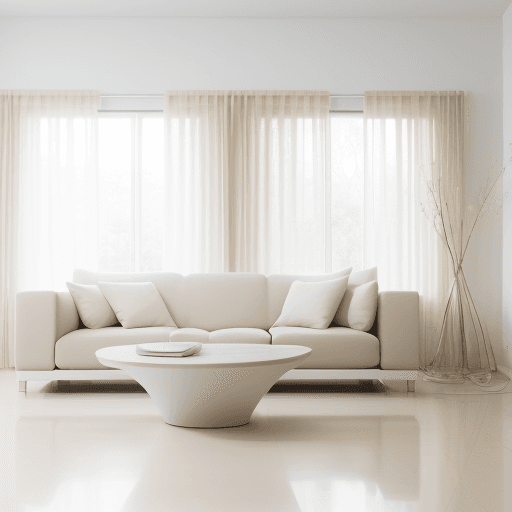 AI generated: Photograph, contemporary living room, soft light of morning, integration of beige flooring and matte...