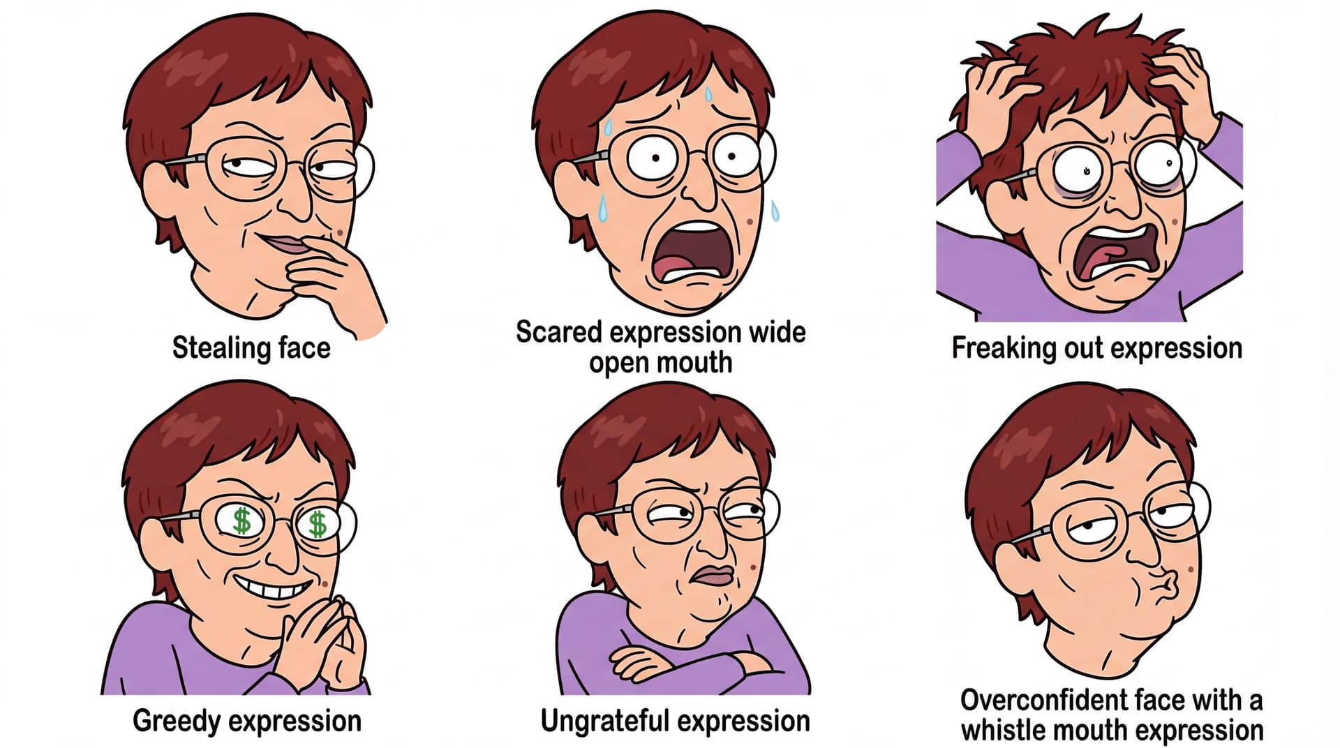AI generated: Create different facial expressions. Character sheet. Stealing face, scared expression wide open mou...