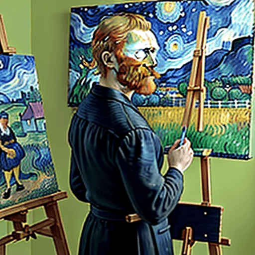 AI generated: Side view Portrait of van Gogh standing in front of easel and painting in Gauguin style, France vill...