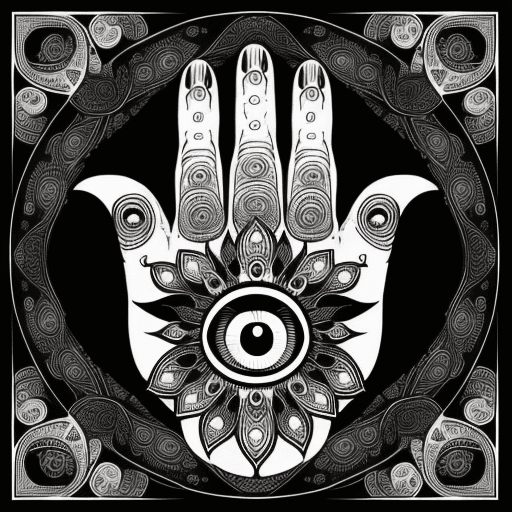 AI generated: Hamsa hand with eye and seven fingers, simple, bitmap, design, black and white, esoteric