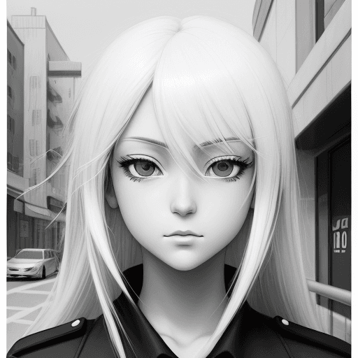 AI generated: no color, perfect anime illustration, close portrait of a police girl walking in city, {{{{{{black a...