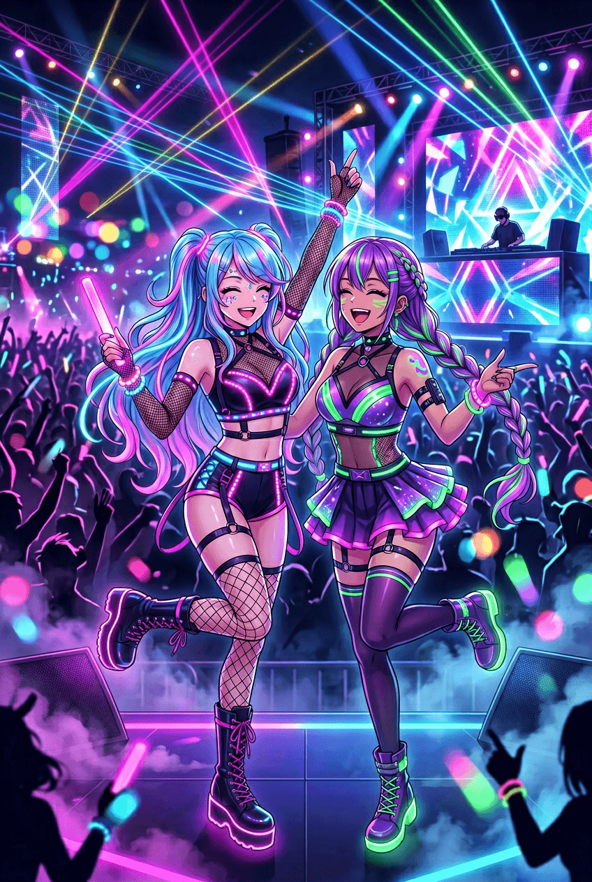 AI generated: wanna make a duo waifu girls in rave clothing --ar 2:1