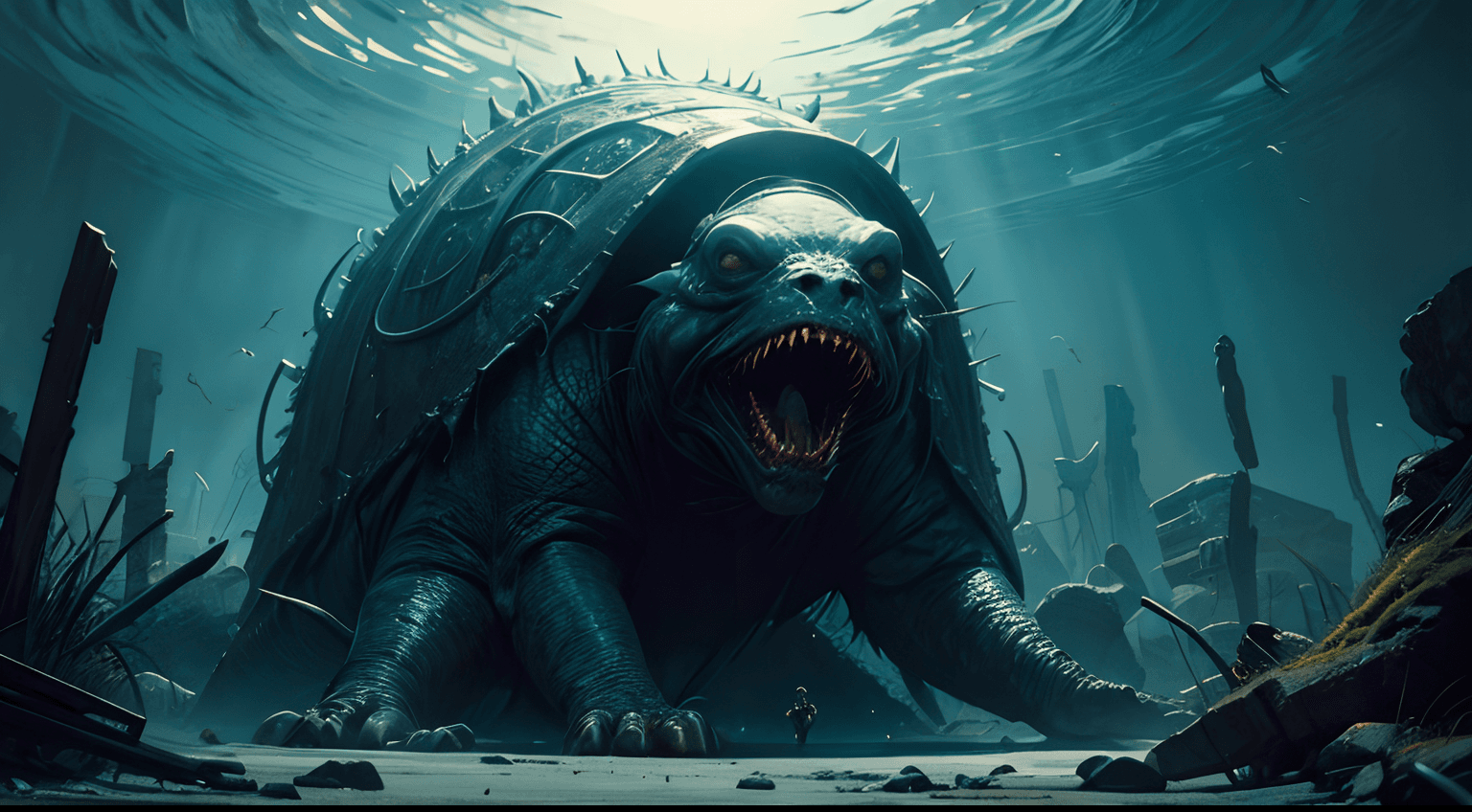 AI generated: Innsmouth, Coastal, Decaying architecture, Uncanny horror, Fish-like inhabitants, Cosmic horrors, Ma...