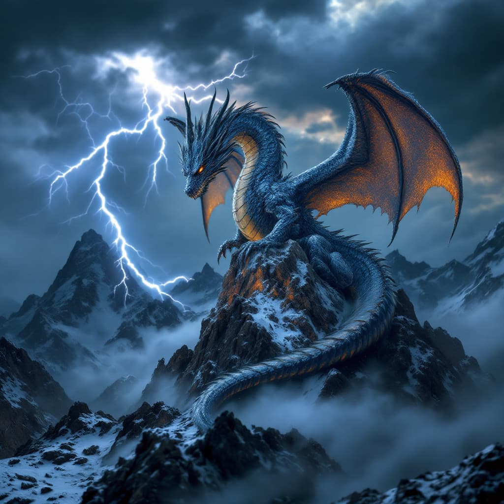 AI generated: 5.	a close up of a dragon curled around a mountain peak during a thunderstorm, lightning illuminatin...