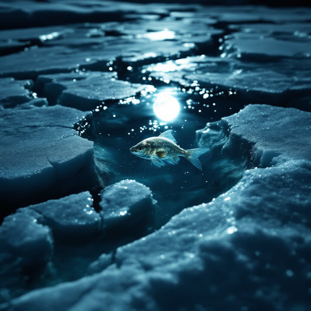 AI generated: “A fractured ice surface at night, with a white-gold fish visible swimming beneath the cracks. The f...