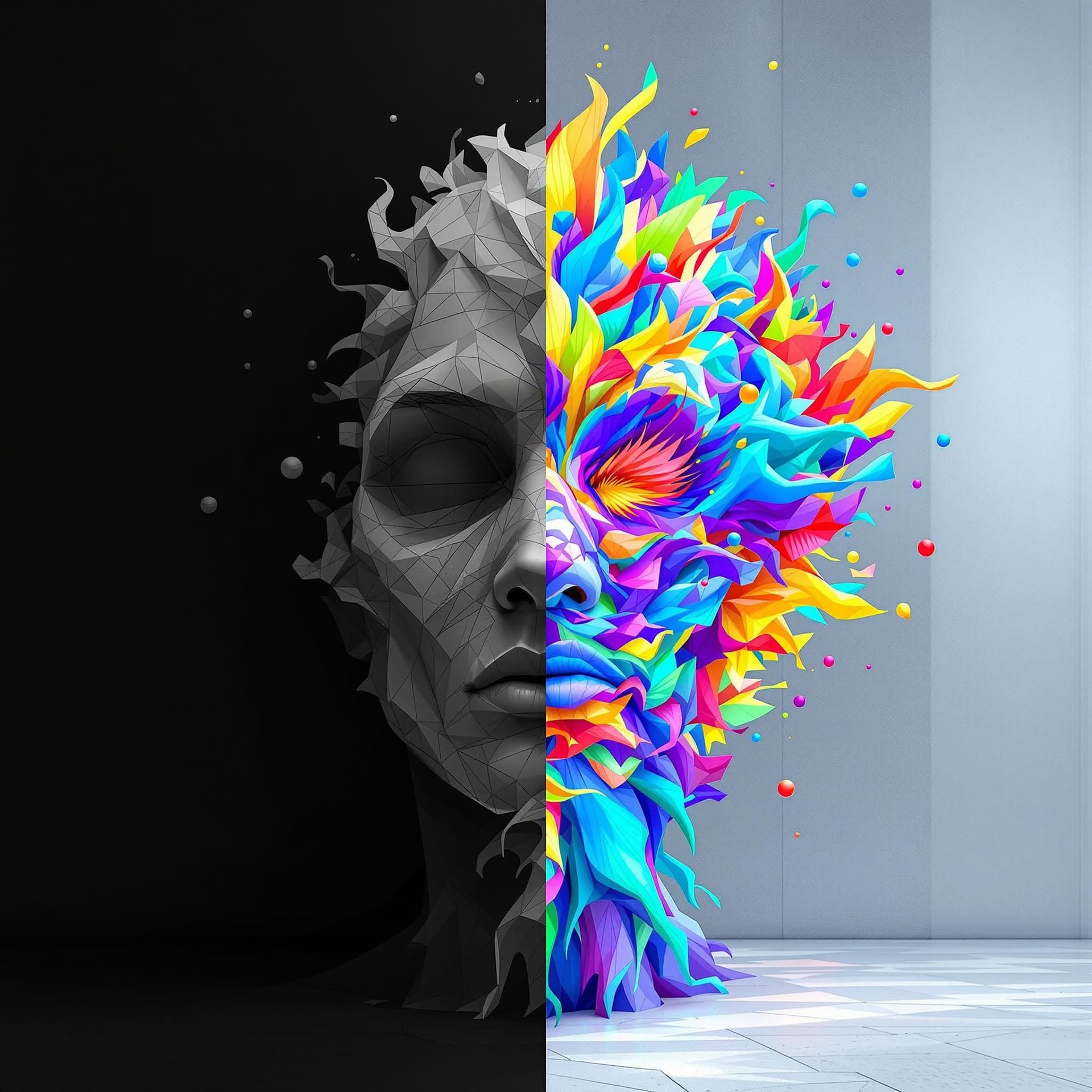 AI generated: A surreal scene showing a 2-dimensional being in black, white, and gray—flat and paper-thin—graduall...