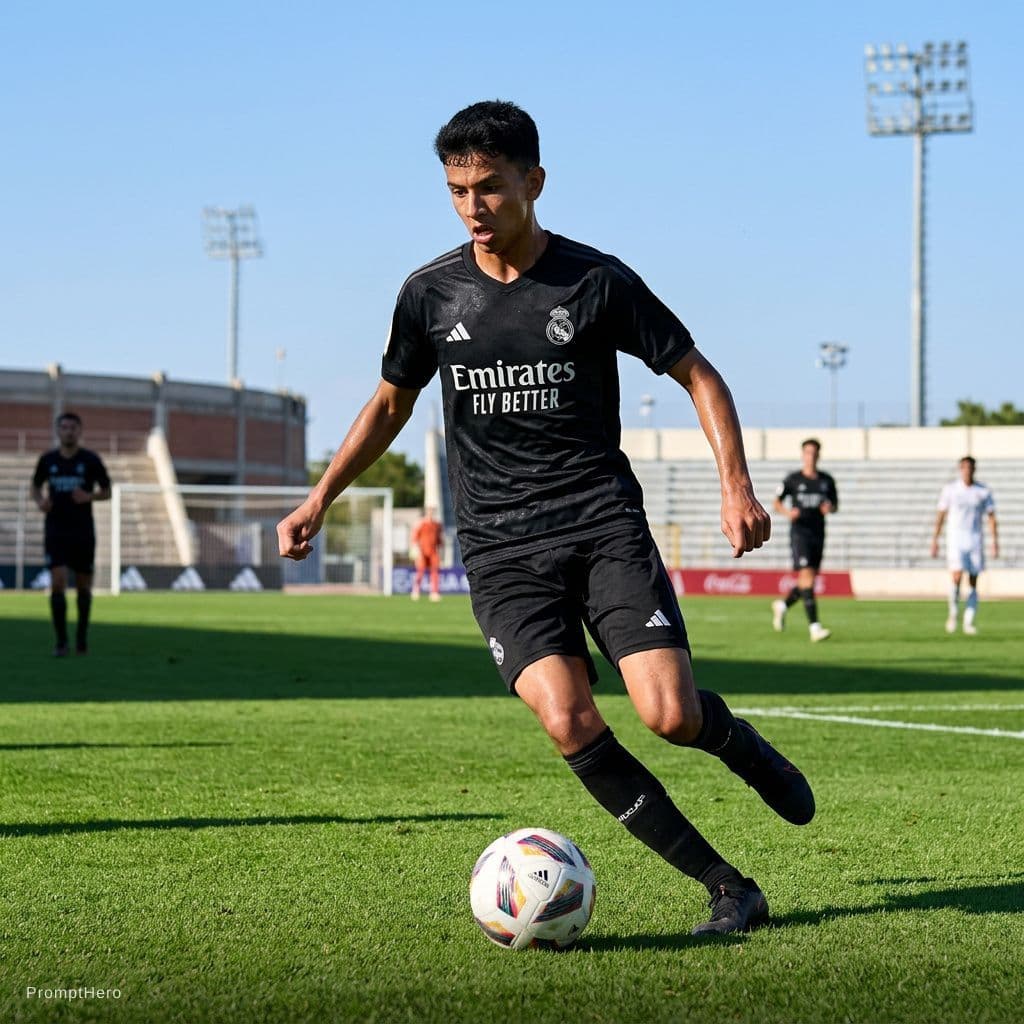 AI generated: In football ground, playing football in the jersey of real Madrid but colour is black 
