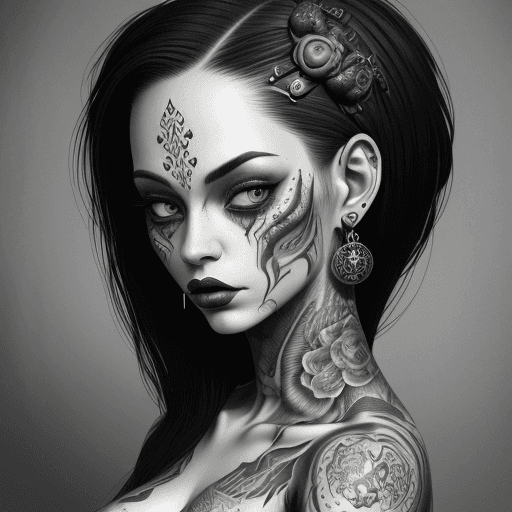 AI generated: tattooed female figurative painting by dora art, in the style of intricate black and white illustrat...