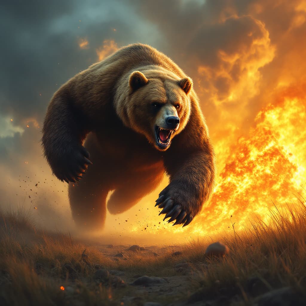 AI generated: The giant bear runs towards the camera slowly. The fire is glowing. The clouds are moving