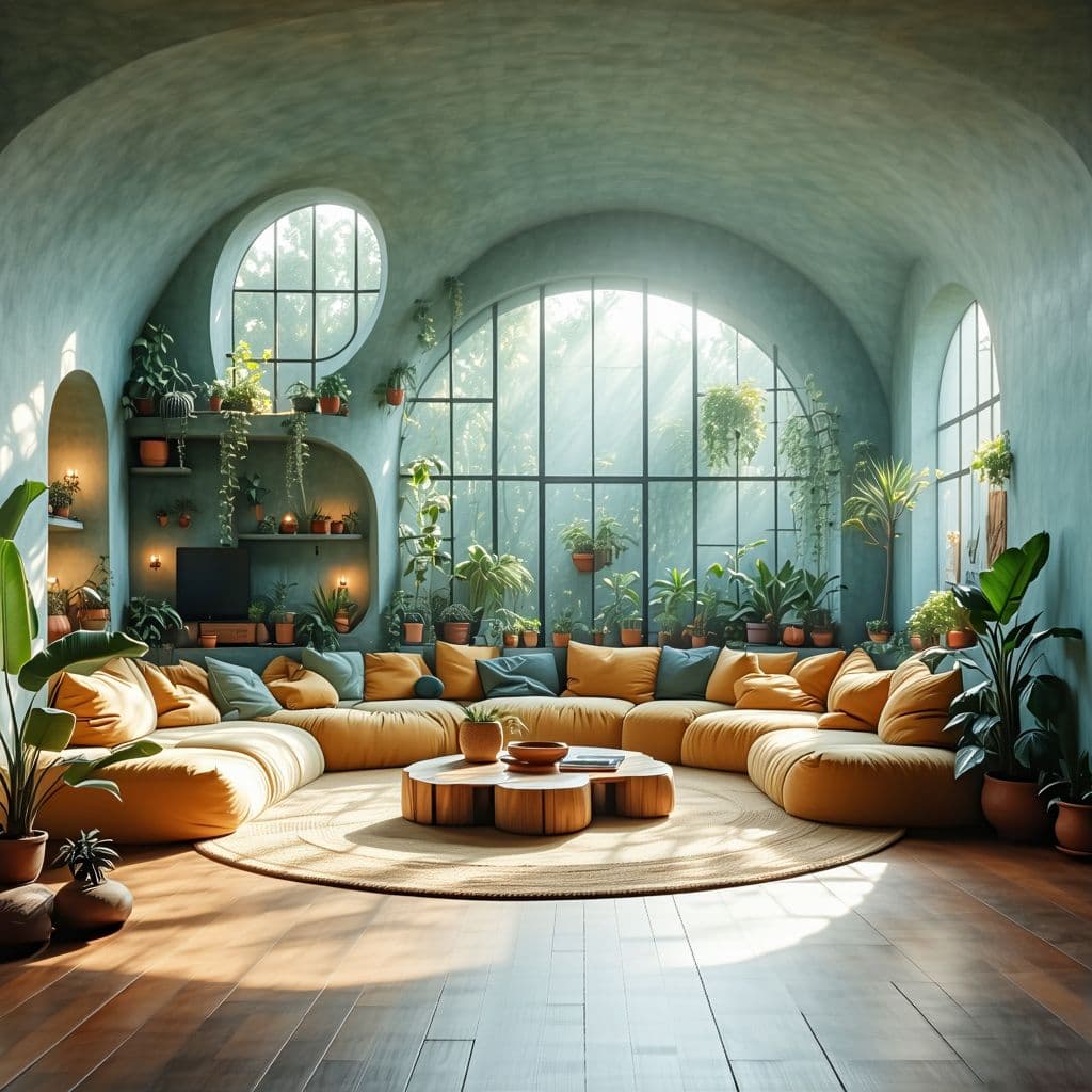 AI generated: High resolution photography interior design, dreamy sunken living room conversation pit, wooden floo...