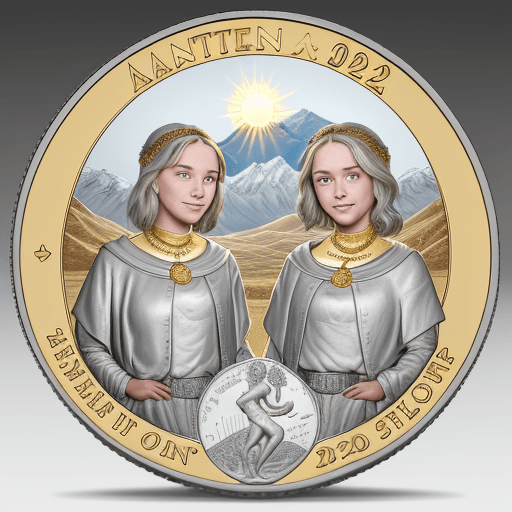 AI generated: create the back of the silver coin standing straight up, there is a mountain range with a gold shini...