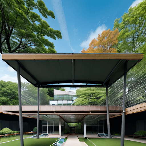 AI generated: There are two main buildings with a contemporary design, featuring wood paneling, large windows, and...