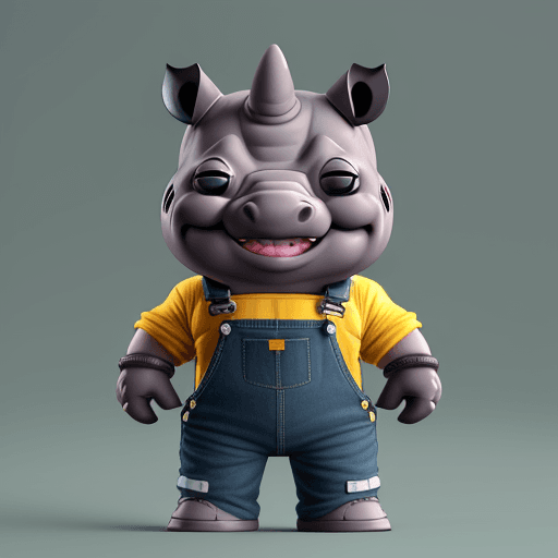 AI generated:  rhino wearing overalls, smiling, funko pop render, big head, small body, hands in pockets