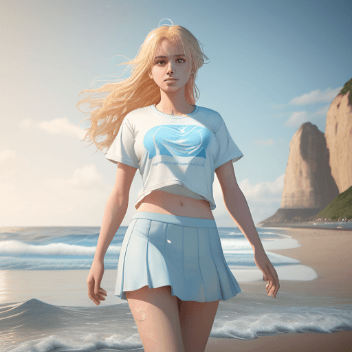 AI generated: A woman of age of 18, beautiful, woman is swimming in the sea, woman wears solid light blue skirt an...