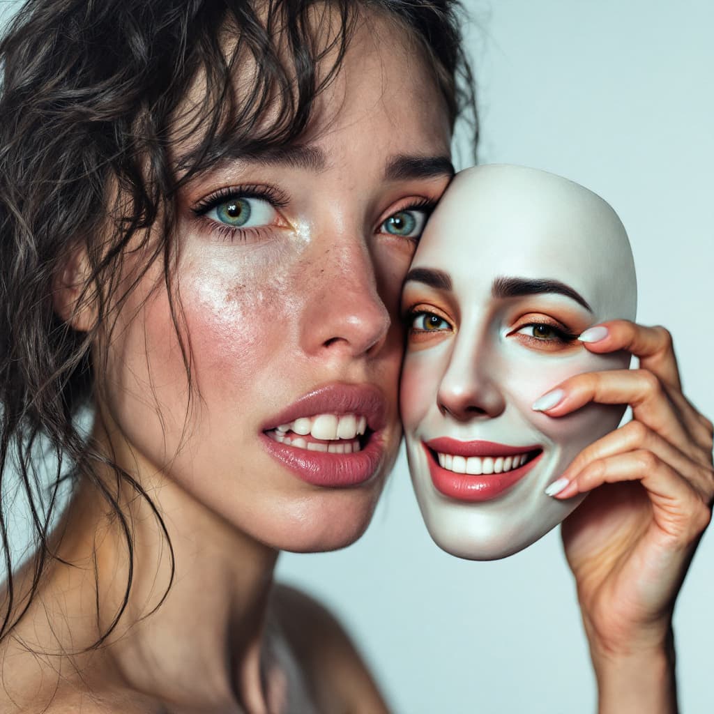 AI generated: A woman with crying and fearfull eyes , and this women hold a mask in her right hand far right from ...