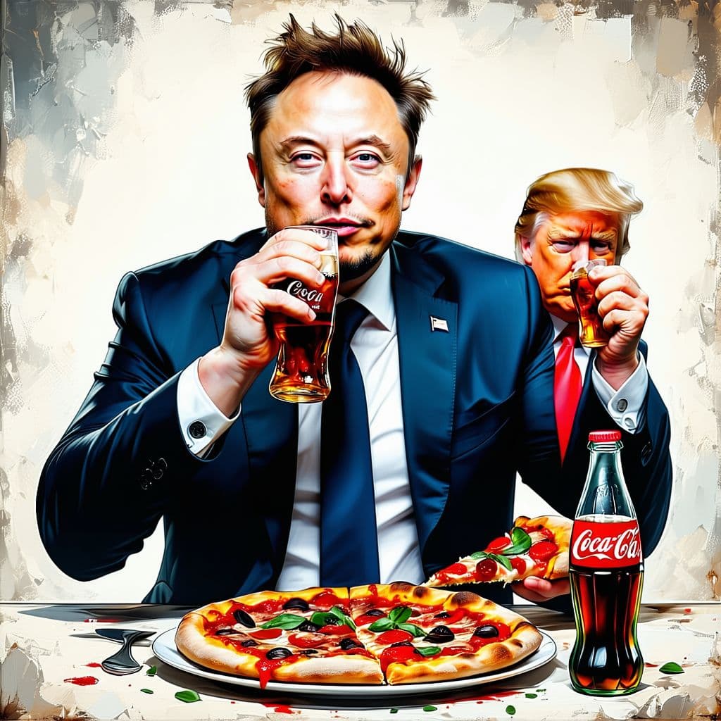 AI generated: Stylized portrait of a Elon Musk with Donald trump drinking Cocacola and eatind pizza confident expr...