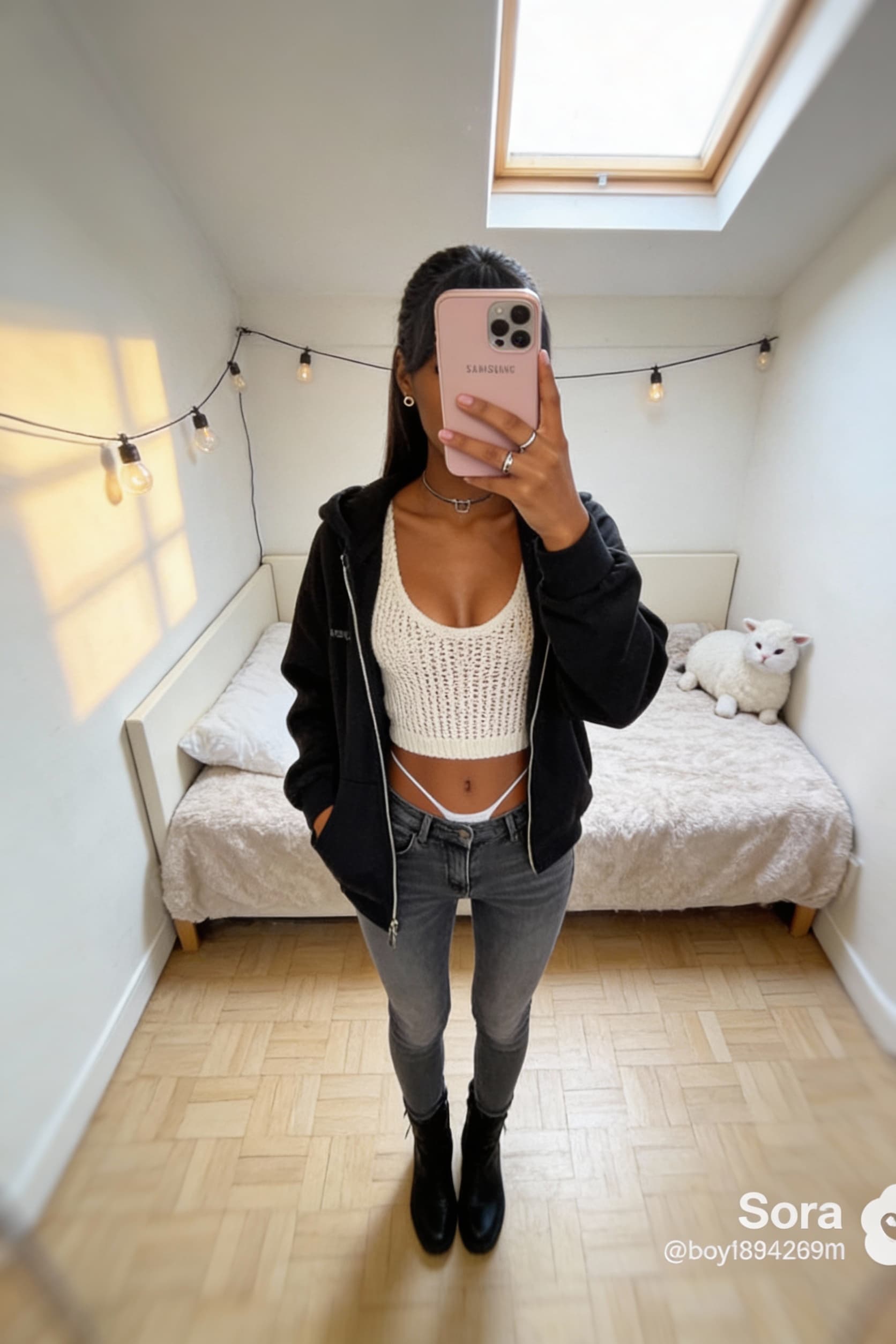 AI generated: Slim girl, is taking careless selfies with the Samsung S22 phone mirror, hiding her face behind her ...