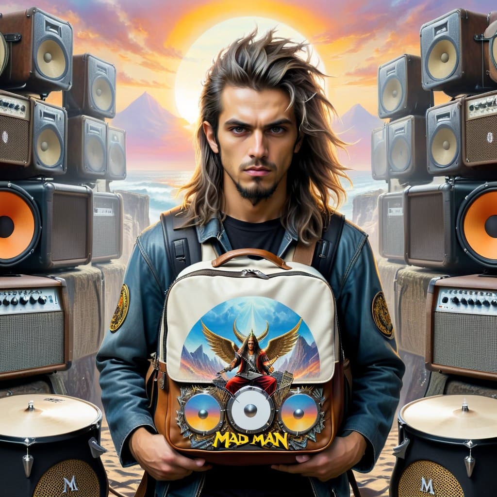 AI generated: (MAD MAN (TEXT LOGO:1.4)), text logo art, TEXT LOGO, heavy metal album cover, guitar, drums, big spe...