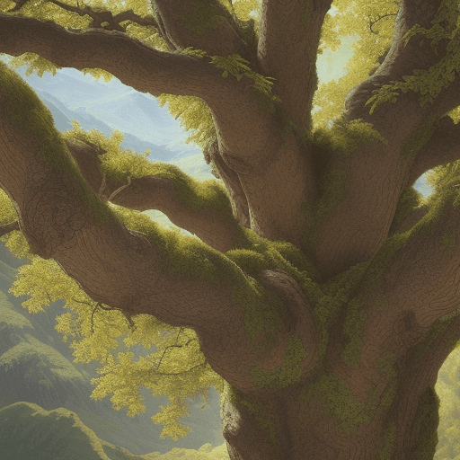 AI generated: Close-up, masterpiece of art, tree in all its detailed Andean oak glory, highlighting its foliage, d...