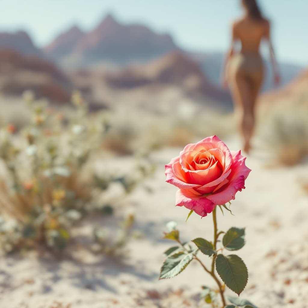 AI generated: rose in the dessert and person in the baclground walking fall but focus in the flower
 
