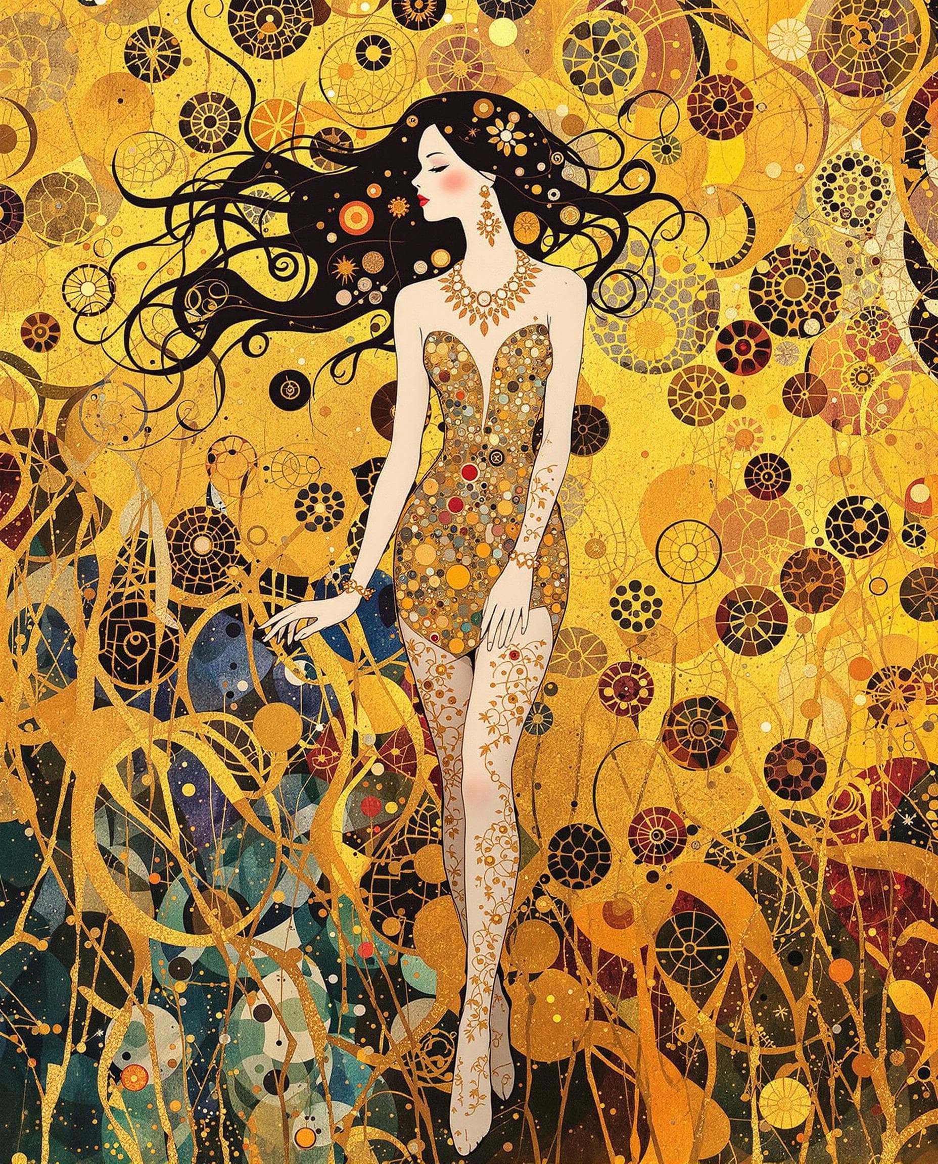 AI generated: Visualize an Alcohol Ink inspired by the fantastical compositions of Gustav Klimt featuring a full b...