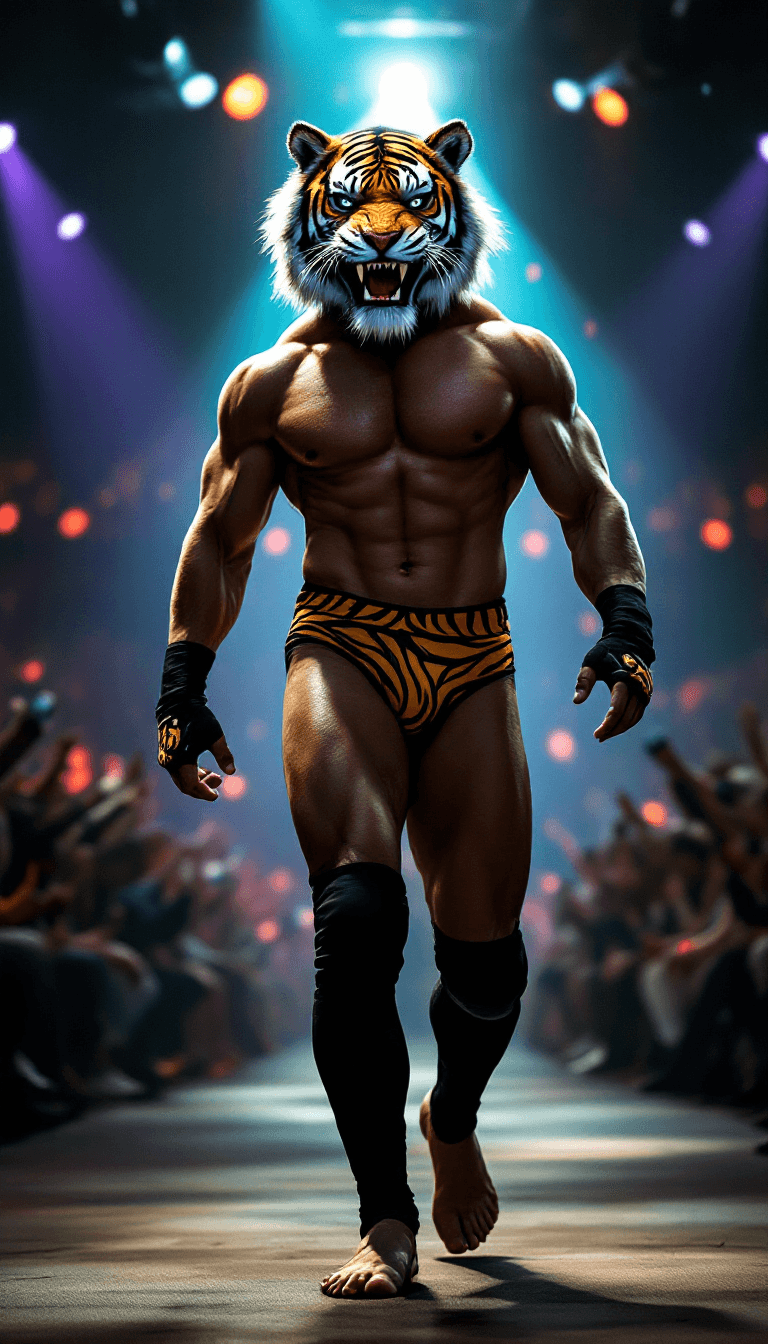 AI generated: A_muscular_wrestler_wearing_a_form-fitting_tiger_head_mask,_bare-chested,_in_black_wrestling_tights_...
