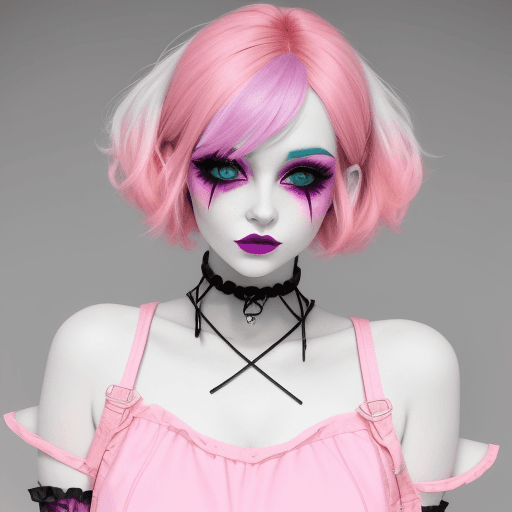 AI generated: Pastel goth, bright makeup and pink dress. Looks happy but also beat up