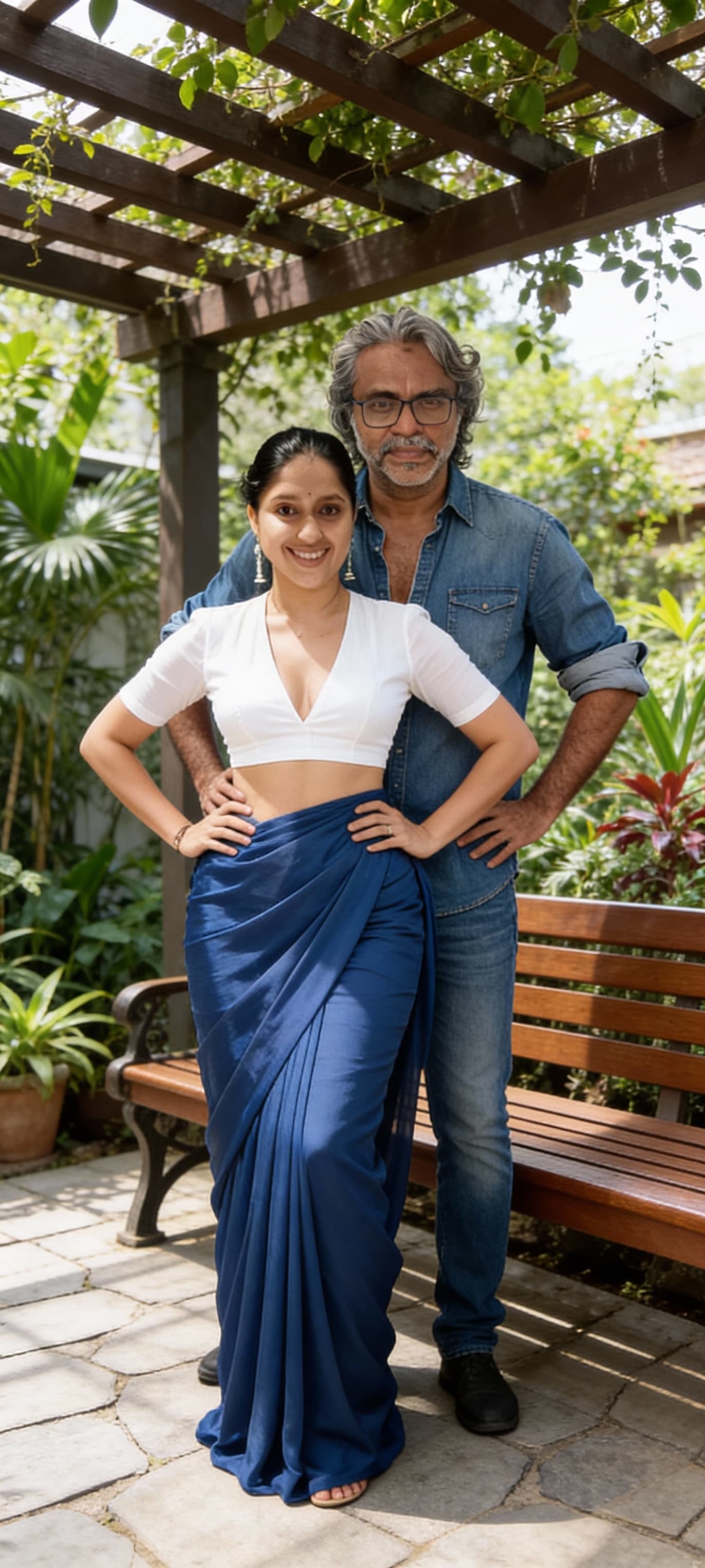 AI generated: merge the image of lady and man to a single image, show straight full body shot of couple in merged ...