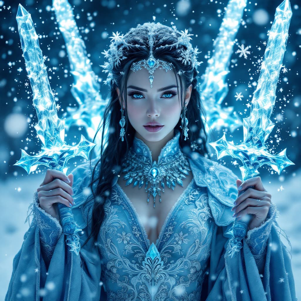 AI generated: A stunning woman in an icy blue and silver robe adorned with intricate frost-like patterns and shimm...