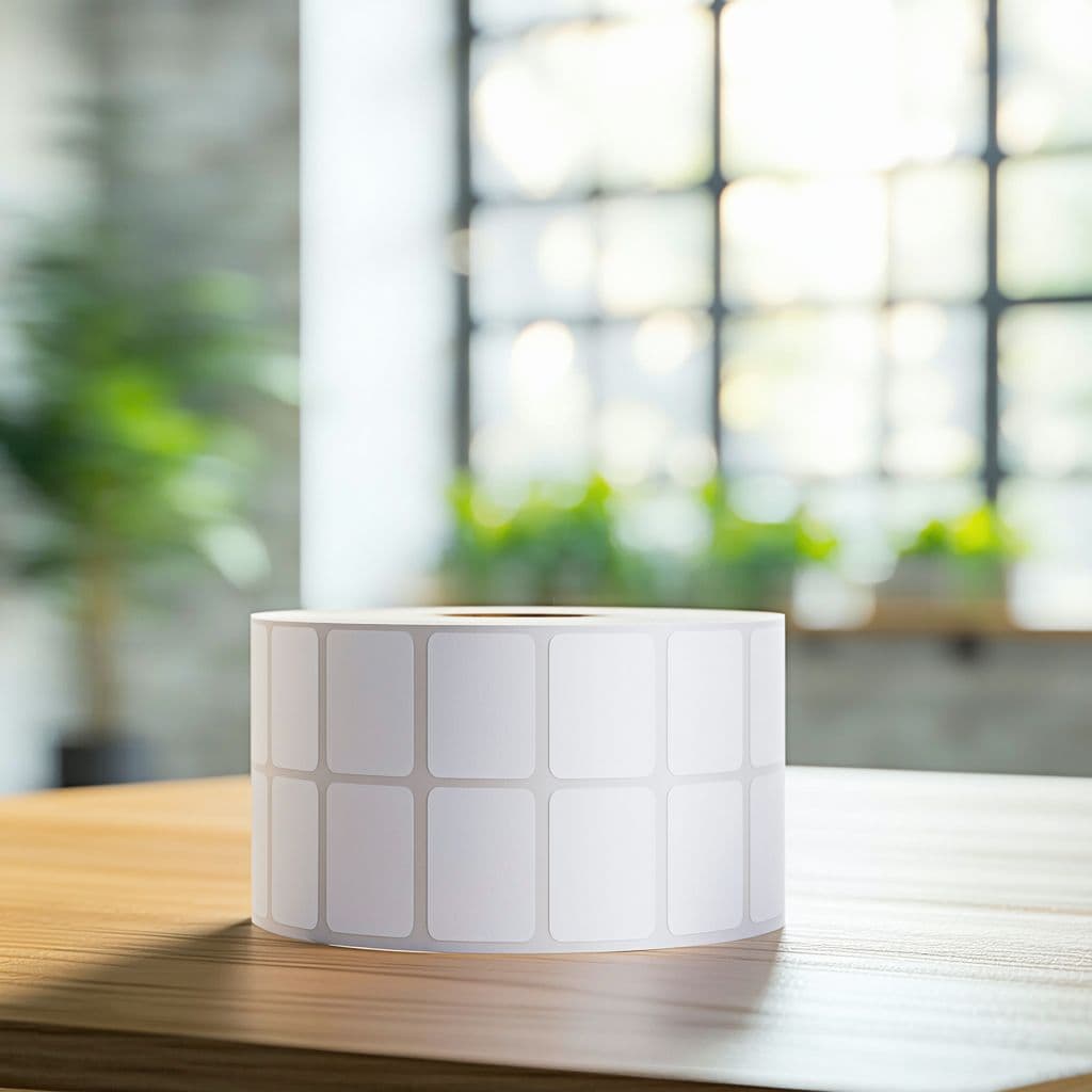AI generated: Create Image: Sticker Label Roll.
• Colors: Full Roll — White color;
• Position: Roll is on a wooden...