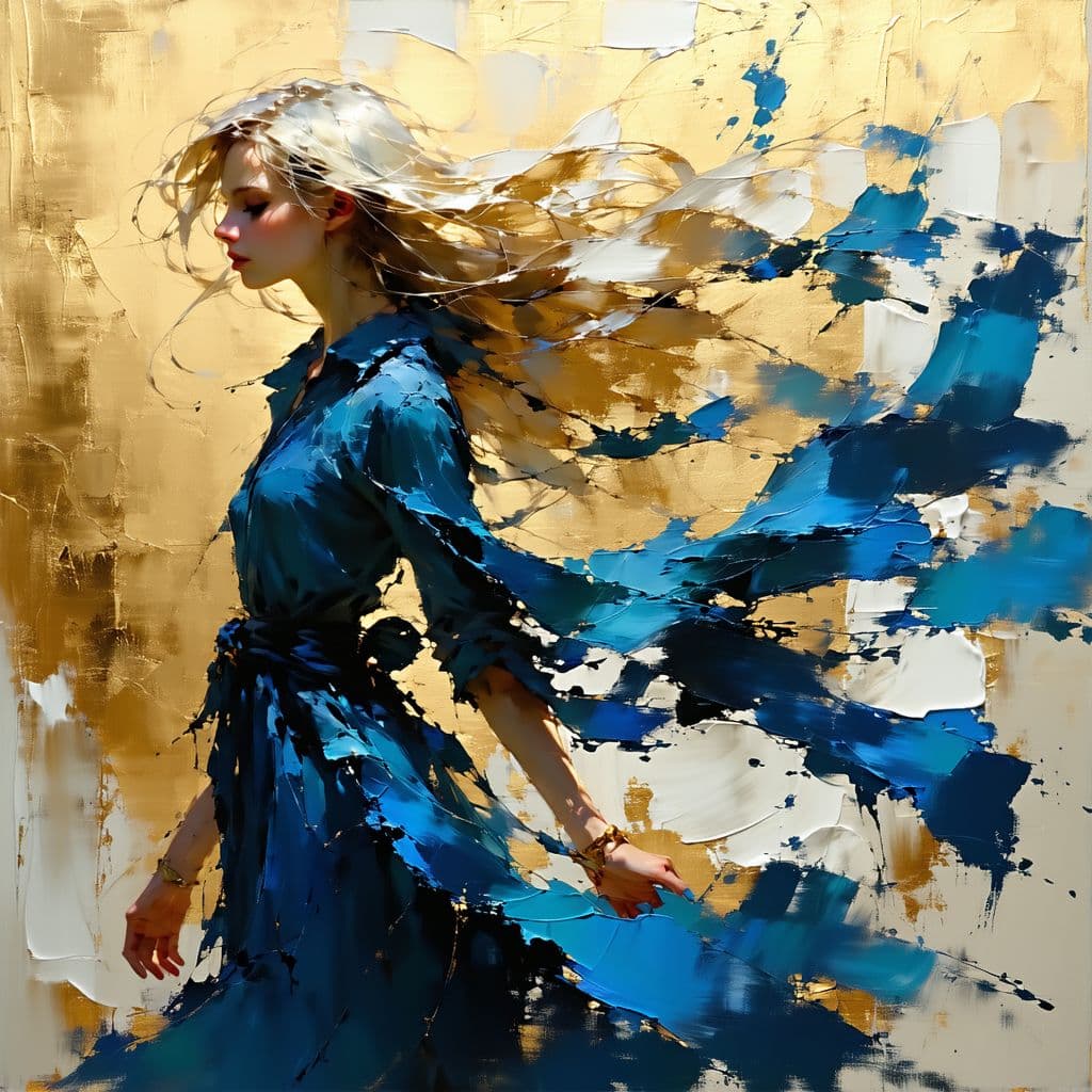 AI generated: a woman with extremely long wind tossed blonde hair dearing a dark blue dress with light blue scarve...