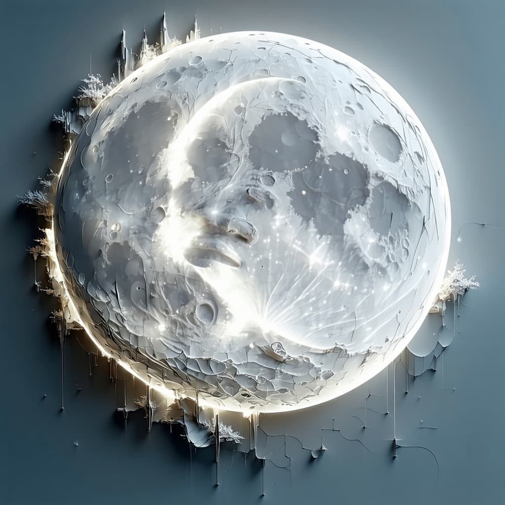 AI generated: A surreal 3D artwork of the moon shaped like a comma, symbolizing endless stories. The moon is craft...