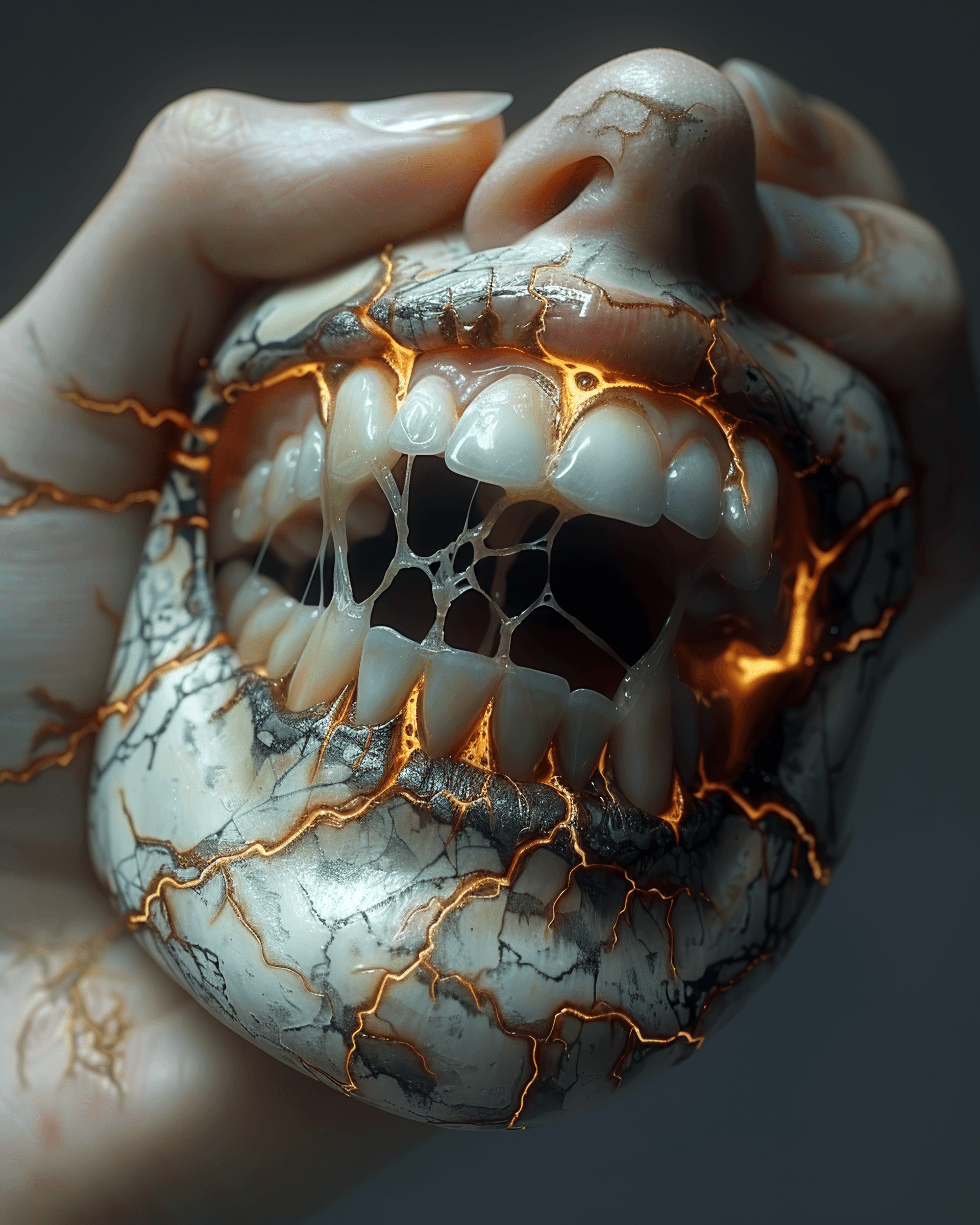 AI generated: she is a screaming mouth on the palm. Beautiful patterns made of lava. funny, White teeth in the sty...
