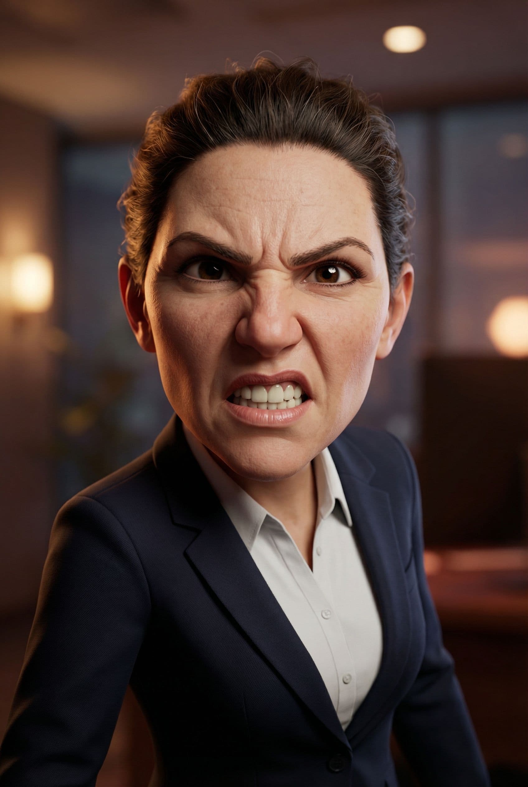 AI generated: make by the pic the woman in a business suit with a very angry expression, in the style of unreal en...