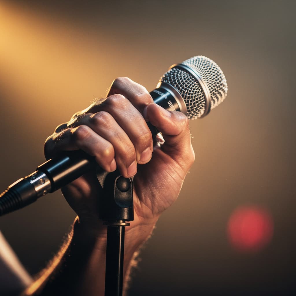 AI generated: Close-up on hand and microphone during emotional peak, warm highlights, refined cinematic detail, po...