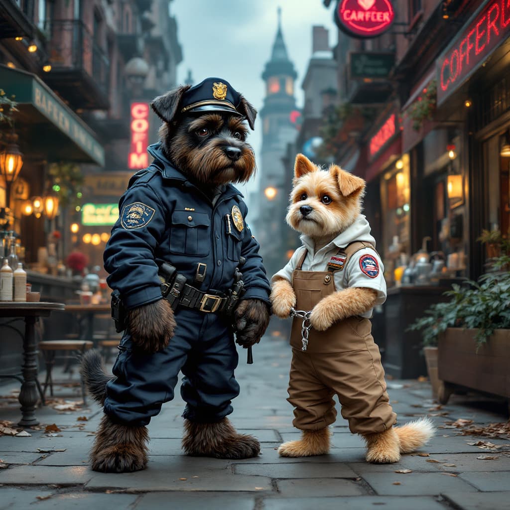 AI generated: A rockwiller dog standing on two legs in a female police suit handcuffing a cute little bearded dog ...