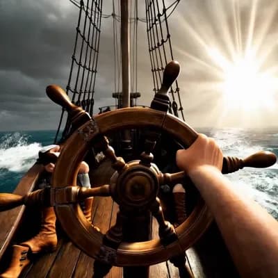 AI generated video: first person POV, hands holding a pirate ship steering wheel with visible cracks in the wood, leathe...