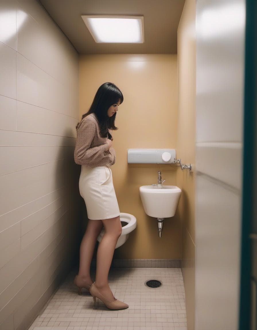 AI generated: woman peeing into a female urinal in a women's restroom