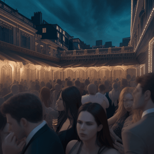 AI generated: Hyper realistic level exterior photo of a person bored on a party , night, a lot of people, big part...