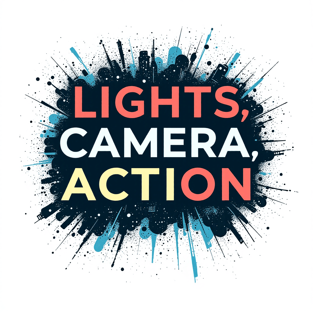 AI generated: Create a high-quality vector-style graphic featuring the phrase "Lights, Camera, Action" as the cent...