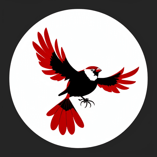 AI generated: A simple, round logo in the colors red black and white showing a sparrow flying. 